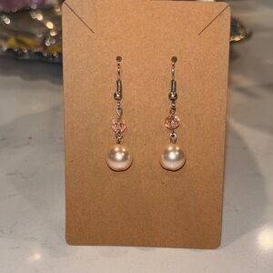 Elegant Pearl and Pink Gemstone Drop Earrings made by  college student NWT